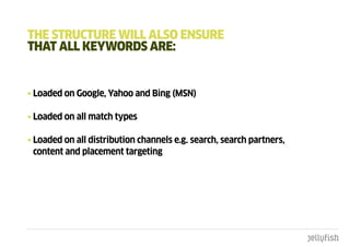 tHE StRuctuRE WILL aLSO EnSuRE
tHat aLL kEYWORdS aRE:


• Loaded on Google, Yahoo and Bing (MSN)

• Loaded on all match types

• Loaded on all distribution channels e.g. search, search partners,
  content and placement targeting
 