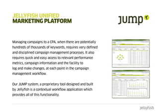 JELLYFISH unIFIEd
maRkEtIng pLatFORm


Managing campaigns to a CPA, when there are potentially
hundreds of thousands of keywords, requires very defined
and disciplined campaign management processes. It also
requires quick and easy access to relevant performance
metrics, campaign information and the facility to
log and make changes, at each point in the campaign
management workflow.


Our JUMP system, a proprietary tool designed and built
by Jellyfish is a contextual workflow application which
provides all of this functionality.
 