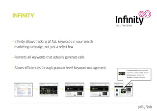 InFInItY



• Infinity allows tracking of ALL keywords in your search
 marketing campaign, not just a select few


• Rewards all keywords that actually generate calls


• Allows efficiencies through granular level keyword management.
 