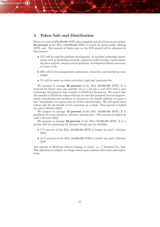4 Token Sale and Distribution
There is a total of 300,000,000 JFIN token supplied and all of them is pre-mined.
34 percent of the JFin (100,000,000 JFIN) is issued for initial public oﬀering
(ICO) sale. The amount of funds raise on the ICO period will be allocated in
this manner:
• 75% will be used for platform development. It includes technology invest-
ments such as blockchain network, improved credit scoring, crypto-wallet,
big data analysis, mergers and acquisitions, development human resources,
to name a few.
• 20% will be for managements, operations, researches, and marketing cam-
paigns.
• 5% will be spent on others activities, legal and regulation fee.
We propose to manage 30 percent of the JFin (90,000,000 JFIN). It is
reserved for future uses, one possible use is a use for a next ICO with a new
technology development that beneﬁts to JFinCoin Ecosystem. We assure that
this amount of JFinCoin tokens will only be used for promised services improve-
ments, introducing new products or services on the similar pipeline, to name a
few. Nonetheless, we concern the use of the reserved token. We will spend these
tokens only for the beneﬁt of the ecosystem as a whole. This amount is locked
up until 1 October 2019.
We propose to manage 13 percent of the JFin (40,000,000 JFIN). It is
purchased by team members, advisors, and partners. This amount is locked up
until 1 October 2019.
We propose to manage 23 percent of the JFin (70,000,000 JFIN). It is a
private sale for purchasing by Jaymart Group and its subsidies.
• 7 % percent of the JFin (20,000,000 JFIN) is locked up until 1 October
2018.
• 16 % percent of the JFin (50,000,000 JFIN) is locked up until 1 October
2019.
The amount of JFinCoin leftover belongs to issuer, i.e., J Ventures Co., Ltd.
This allocation is subject to change based upon business directions and regula-
tions.
15
 