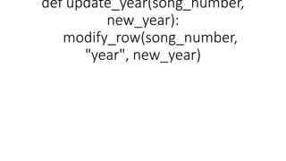 def update_year(song_number,
new_year):
modify_row(song_number,
"year", new_year)
 