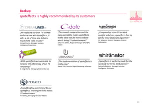 Backup
spoteffects is highly recommended by its customers
20
„The smooth cooperation and the
easy operability makes spoteffects
to the ideal tool for every website
who‘s doing TV advertisement!“
Johannes Zühlke, Regional Manager DACH&NL
C-Date
„Spoteffects is perfectly made for the
needs of the TV-to-Web planner!”
Sabine Budesheim, Manager Business
Intelligence Shirtinator
„We replaced our own TV-to-Web
analytics tool with spoteffects, it
safes a lot of time and delivers
much more valid results!“
Kristian Kouros, Manager Business
Intelligence Dreamlines
„With spoteffects we were able to
increase the efficiencey of our TV
campaings“
Dr. Jörg Überla, Managing Director Danato
„The implementation of spoteffects is
really easy.“
Daniel Pahl, Director Digital Marketing Urbanara
„Compared to other TV-to-Web
analytic solutions, spoteffects has by
far the most elaborate algorithm“
Dr. Sebastian Siebert, Managing Director
Fashionette
„I would highly recommend to use
spoteffects to everyone who makes
TV advertisment“
Tim Ehling, Managing Director POGED
 