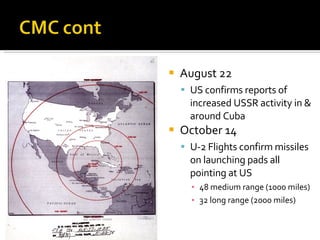 August 22 US confirms reports of increased USSR activity in & around Cuba October 14 U-2 Flights confirm missiles on launching pads all pointing at US 48 medium range (1000 miles) 32 long range (2000 miles) 