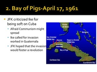 JFK criticized Ike for being soft on Cuba Afraid Communism might spread Ike called for invasion worked in Guatemala JFK hoped that the invasion would foster a revolution 
