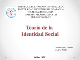 REPUBLICA BOLIVARIANA DE VENEZUELA
UNIVERSIDAD BICENTENARIA DE ARAGUA
CARRERA: PSICOLOGÍA
MATERIA: PSICOLOGÍA SOCIAL
MARGARITA CREATE
Claudia María Tenorio
C.I. 24.108.367
Julio - 2020
 
