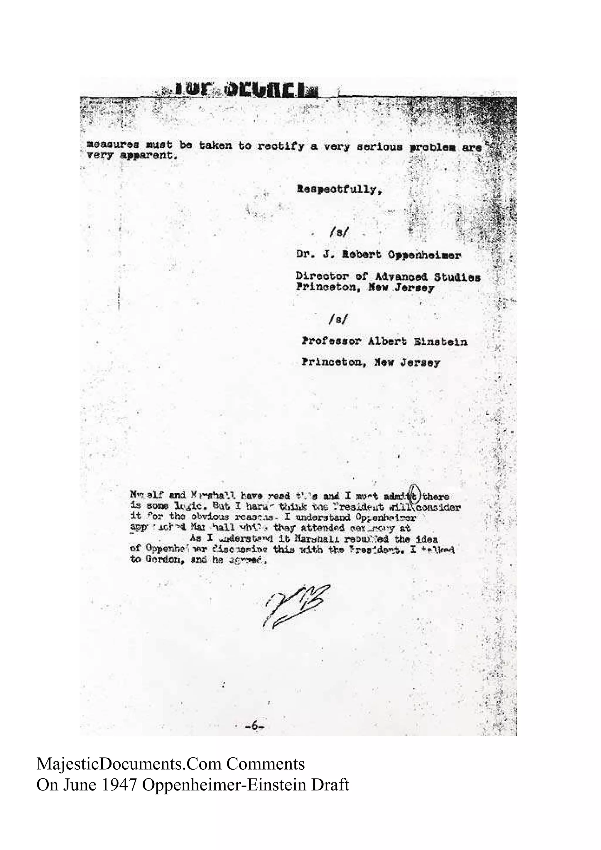 MajesticDocuments.Com Comments
On June 1947 Oppenheimer-Einstein Draft
 