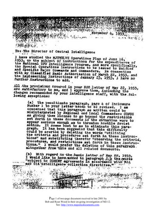 Page 1 of two-page document received in late 2001 by
Bob and Ryan Wood in their on-going investigation of MJ-12.
See: http://www.majesticdocuments.com.
 
