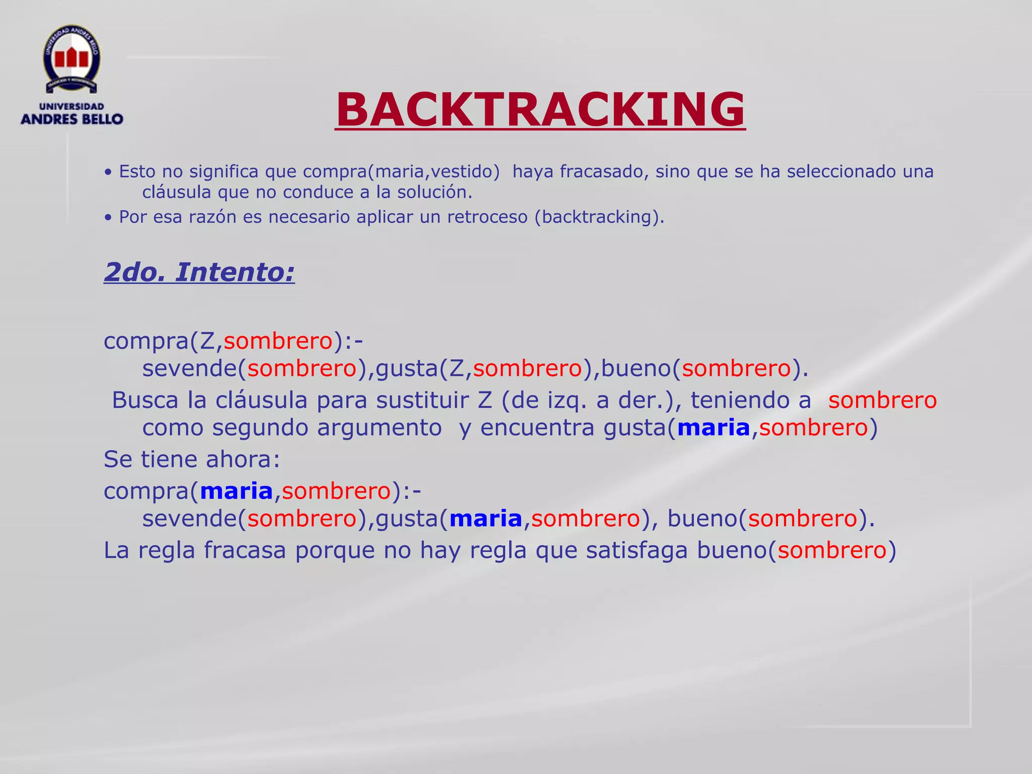 BACKTRACKING •  Esto no significa que compra(maria,vestido)  haya fracasado, sino que se ha seleccionado una cláusula que no conduce a la solución.  •  Por esa razón es necesario aplicar un retroceso (backtracking).  2do. Intento:   compra(Z, sombrero ):- sevende( sombrero ),gusta(Z, sombrero ),bueno( sombrero ).  Busca la cláusula para sustituir Z (de izq. a der.), teniendo a  sombrero  como segundo argumento  y encuentra gusta( maria , sombrero )  Se tiene ahora:  compra( maria , sombrero ):- sevende( sombrero ),gusta( maria , sombrero ), bueno( sombrero ).  La regla fracasa porque no hay regla que satisfaga bueno( sombrero ) 
