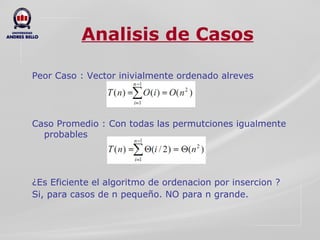 Analisis de Casos Peor Caso : Vector inivialmente ordenado alreves Caso Promedio : Con todas las permutciones igualmente probables  ¿Es Eficiente el algoritmo de ordenacion por insercion ? Si, para casos de n pequeño. NO para n grande. 