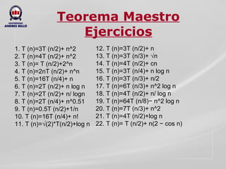 Teorema Maestro Ejercicios 1. T (n)=3T (n/2)+ n^2 2. T (n)=4T (n/2)+ n^2 3. T (n)= T (n/2)+2^n 4. T (n)=2nT (n/2)+ n^n 5. T (n)=16T (n/4)+ n 6. T (n)=2T (n/2)+ n log n 7. T (n)=2T (n/2)+ n/ logn 8. T (n)=2T (n/4)+ n^0.51 9. T (n)=0.5T (n/2)+1/n 10. T (n)=16T (n/4)+ n! 11. T (n)=√(2)*T(n/2)+log n 12. T (n)=3T (n/2)+ n 13. T (n)=3T (n/3)+ √n 14. T (n)=4T (n/2)+ cn 15. T (n)=3T (n/4)+ n log n 16. T (n)=3T (n/3)+ n/2 17. T (n)=6T (n/3)+ n^2 log n 18. T (n)=4T (n/2)+ n/ log n 19. T (n)=64T (n/8)− n^2 log n 20. T (n)=7T (n/3)+ n^2 21. T (n)=4T (n/2)+log n 22. T (n)= T (n/2)+ n(2 − cos n) 