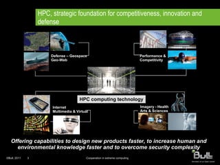 HPC, strategic foundation for competitiveness, innovation and
                  defense



                      Defense – Geospace                                     Performance &
                      Geo-Web                                                Competitivity




                                      HPC computing technology
                       Internet                                              Imagery - Health
                       Multimedia & Virtual                                  Arts & Sciences




   Offering capabilities to design new products faster, to increase human and
     environmental knowledge faster and to overcome security complexity
©Bull, 2011   3                           Cooperation in extreme computing
 