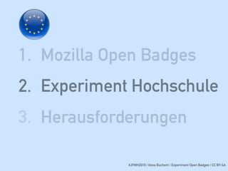 #JFMH2016 | Ilona Buchem | Experiment Open Badges | CC BY-SA
1. Mozilla Open Badges
2. Experiment Hochschule
3. Herausforderungen
 