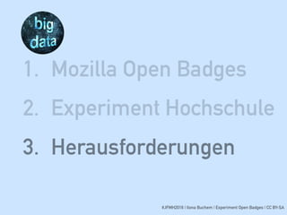 #JFMH2016 | Ilona Buchem | Experiment Open Badges | CC BY-SA
1. Mozilla Open Badges
2. Experiment Hochschule
3. Herausforderungen
 