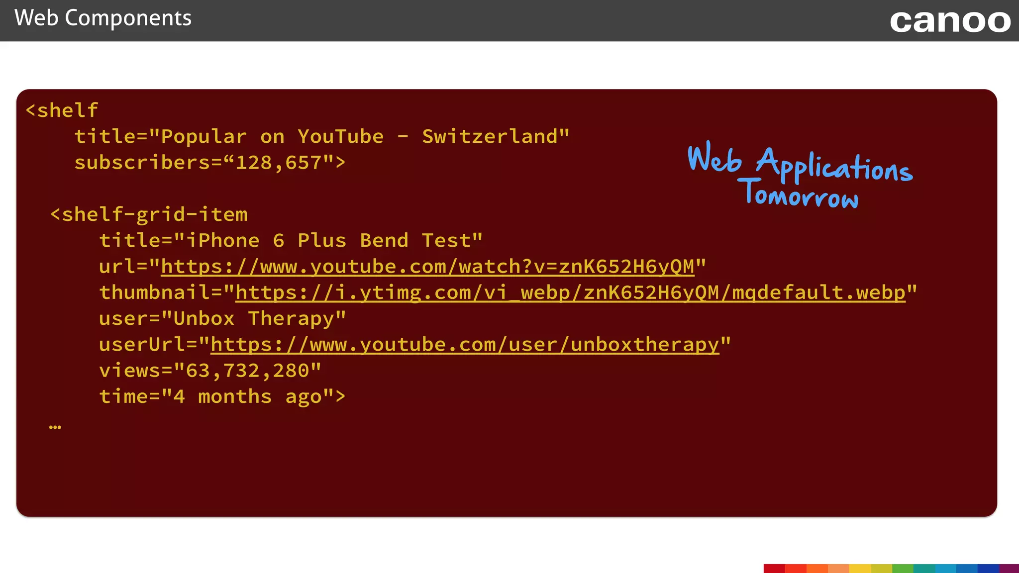 <shelf
title="Popular on YouTube - Switzerland"
subscribers=“128,657">
<shelf-grid-item
title="iPhone 6 Plus Bend Test"
url="https://www.youtube.com/watch?v=znK652H6yQM"
thumbnail="https://i.ytimg.com/vi_webp/znK652H6yQM/mqdefault.webp"
user="Unbox Therapy"
userUrl="https://www.youtube.com/user/unboxtherapy"
views="63,732,280"
time="4 months ago">
…
 
Web Components canoo
Web Applications
Tomorrow
 