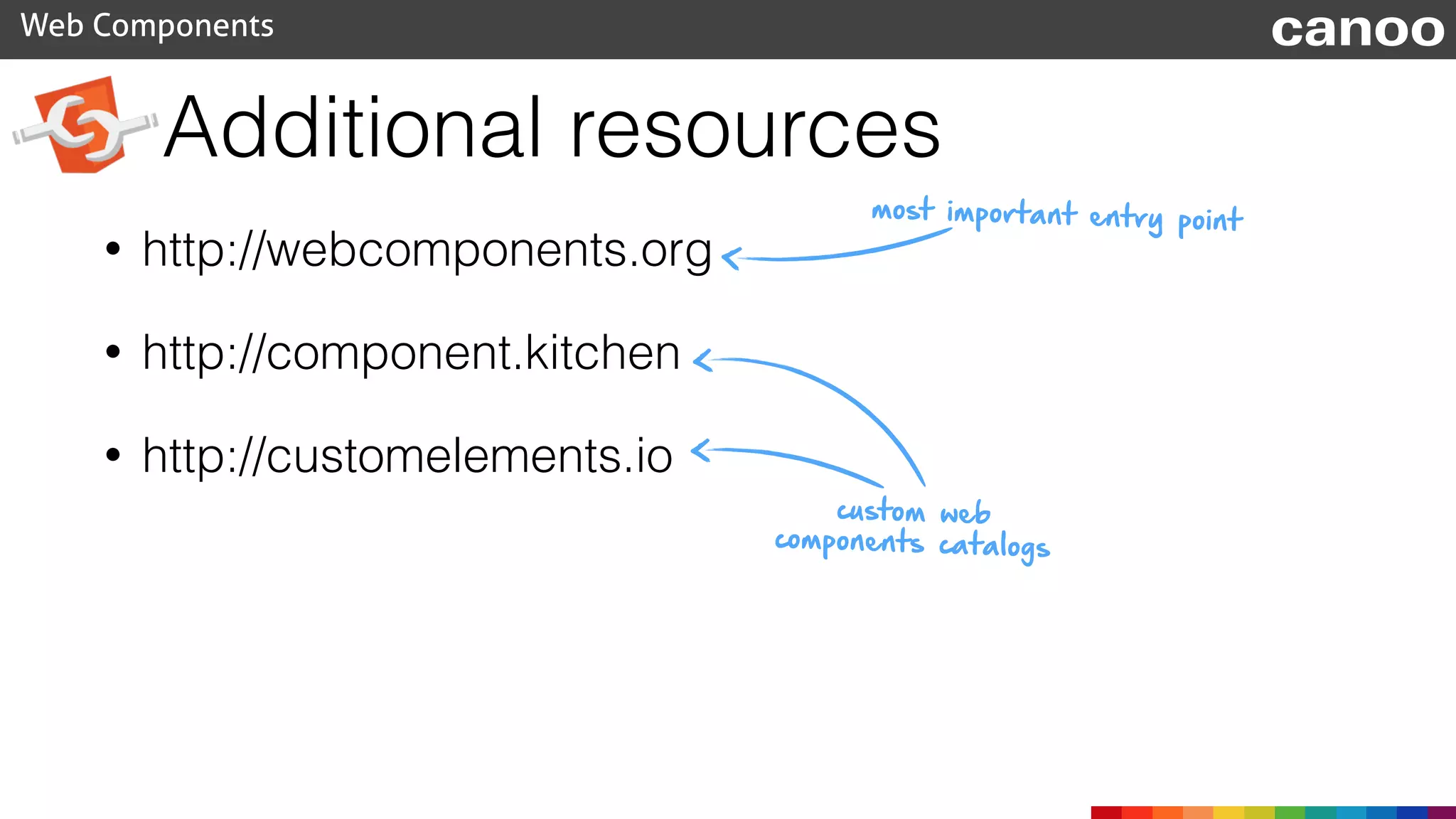 Additional resources
Web Components canoo
• http://webcomponents.org
• http://component.kitchen
• http://customelements.io
most important entry point
custom web
components catalogs
 