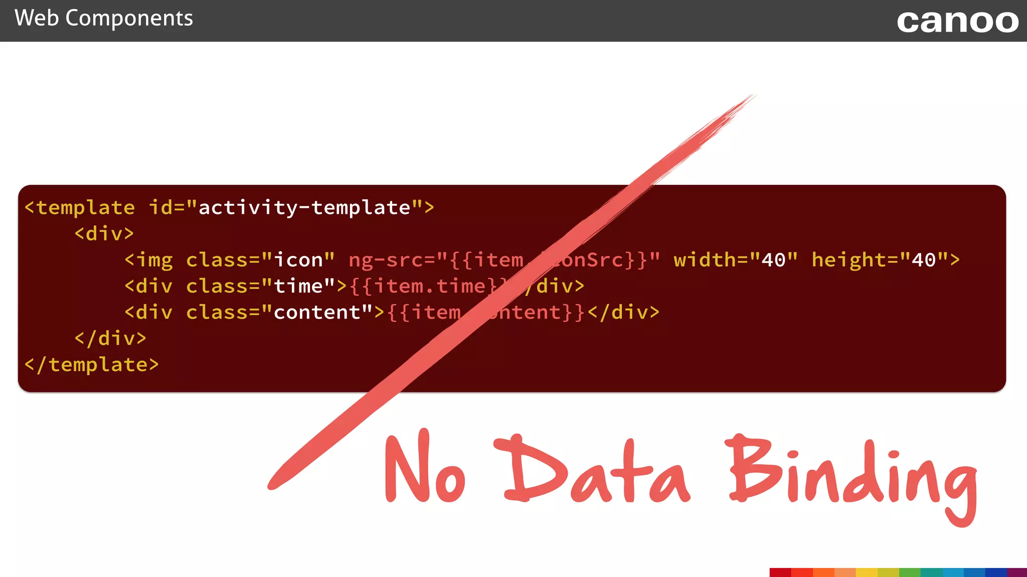 Web Components canoo
<template id="activity-template"> 
<div> 
<img class="icon" ng-src="{{item.iconSrc}}" width="40" height="40"> 
<div class="time">{{item.time}}</div> 
<div class="content">{{item.content}}</div> 
</div> 
</template>
No Data Binding
 