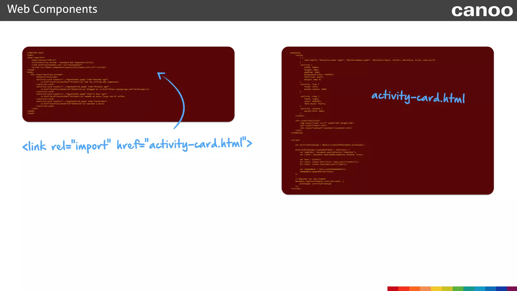 <!DOCTYPE html> 
<html> 
<head lang="en"> 
<meta charset="UTF-8"> 
<title>Activity Stream - Standard Web Component</title> 
<link href="stylesheet.css" rel="stylesheet"> 
<script src="bower_components/jquery/dist/jquery.min.js"></script> 
</head> 
<body> 
<div class="activity-stream"> 
<h2>Activities</h2> 
<activity-card iconSrc="../img/michael.jpeg" time="Seconds ago"> 
<a href="profiles/michael">Michael</a> had fun writing web components. 
</activity-card> 
<activity-card iconSrc="../img/hendrick.jpeg" time="Minutes ago"> 
<a href="profiles/hendrick">Hendrick</a> blogged on <a href="http://guigarage.com">GuiGarage</a>. 
</activity-card> 
<activity-card iconSrc="../img/michael.jpeg" time="1 hour ago"> 
<a href="profiles/michael">Michael</a> needed an extra large cup of coffee. 
</activity-card> 
<activity-card iconSrc="../img/hendrick.jpeg" time="Yesterday"> 
<a href="profiles/hendrick">Hendrick</a> watched a movie. 
</activity-card> 
</div> 
</body> 
</html>
Web Components canoo
<template> 
<style> 
* { 
font-family: "Helvetica Neue Light", "HelveticaNeue-Light", "Helvetica Neue", Calibri, Helvetica, Arial, sans-serif; 
} 
.activity { 
width: 500px; 
height: 40px; 
padding: 10px; 
background-color: #f0f8ff; 
font-size: small; 
margin: 10px 0; 
} 
.activity .icon { 
float: left; 
border-radius: 100%; 
} 
 
.activity .time { 
float: right; 
color: #b7b7b7; 
font-style: italic; 
} 
.activity .content { 
margin-left: 60px; 
} 
</style> 
 
<div class="activity"> 
<img class="icon" src="" width="40" height="40"> 
<div class="time"></div> 
<div class="content"><content></content></div> 
</div> 
</template> 
 
 
<script> 
 
var activityPrototype = Object.create(HTMLElement.prototype); 
 
activityPrototype.createdCallback = function() { 
var template = document.querySelector('template'); 
var clone = document.importNode(template.content, true); 
 
var host = $(this); 
$(".icon", clone).attr("src", host.attr("iconSrc")); 
$(".time", clone).text(host.attr("time")); 
 
var shadowRoot = this.createShadowRoot(); 
shadowRoot.appendChild(clone); 
}; 
 
// Register our new element 
document.registerElement('activity-card', { 
prototype: activityPrototype 
}); 
</script>
activity-card.html
<link rel="import" href="activity-card.html">
 