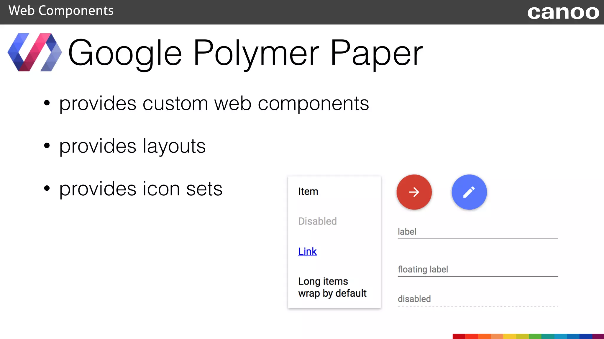 Google Polymer Paper
• provides custom web components
• provides layouts
• provides icon sets
Web Components canoo
 