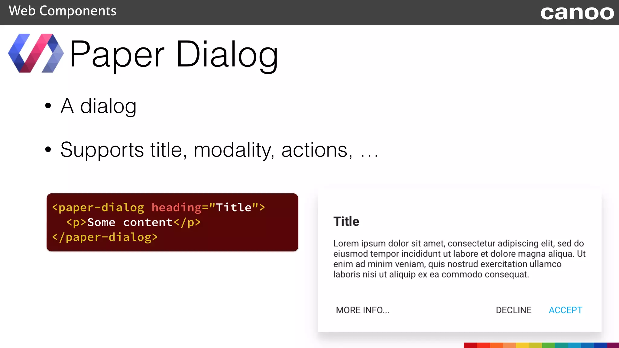 • A dialog
• Supports title, modality, actions, …
Paper Dialog
Web Components canoo
<paper-dialog heading="Title">
<p>Some content</p>
</paper-dialog>
 