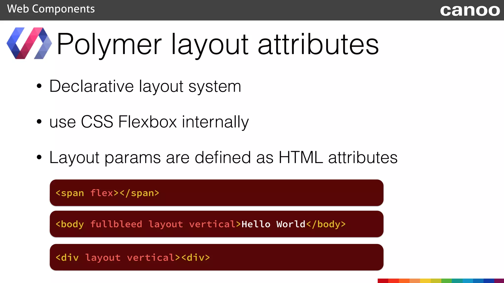 • Declarative layout system
• use CSS Flexbox internally
• Layout params are deﬁned as HTML attributes
Polymer layout attributes
Web Components
<span flex></span>
canoo
<body fullbleed layout vertical>Hello World</body>
<div layout vertical><div>
 