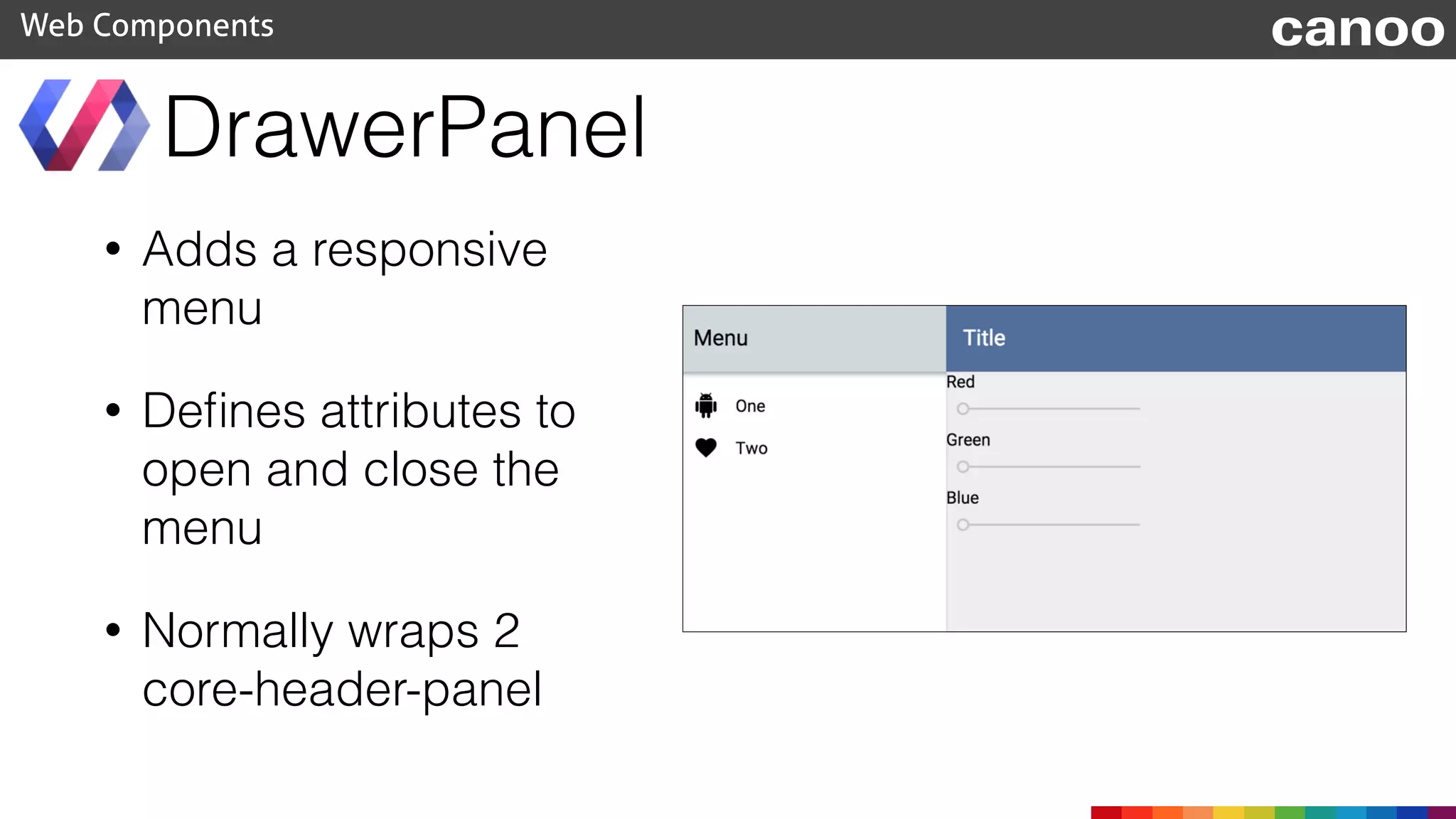 • Adds a responsive
menu
• Deﬁnes attributes to
open and close the
menu
• Normally wraps 2
core-header-panel
DrawerPanel
Web Components canoo
 