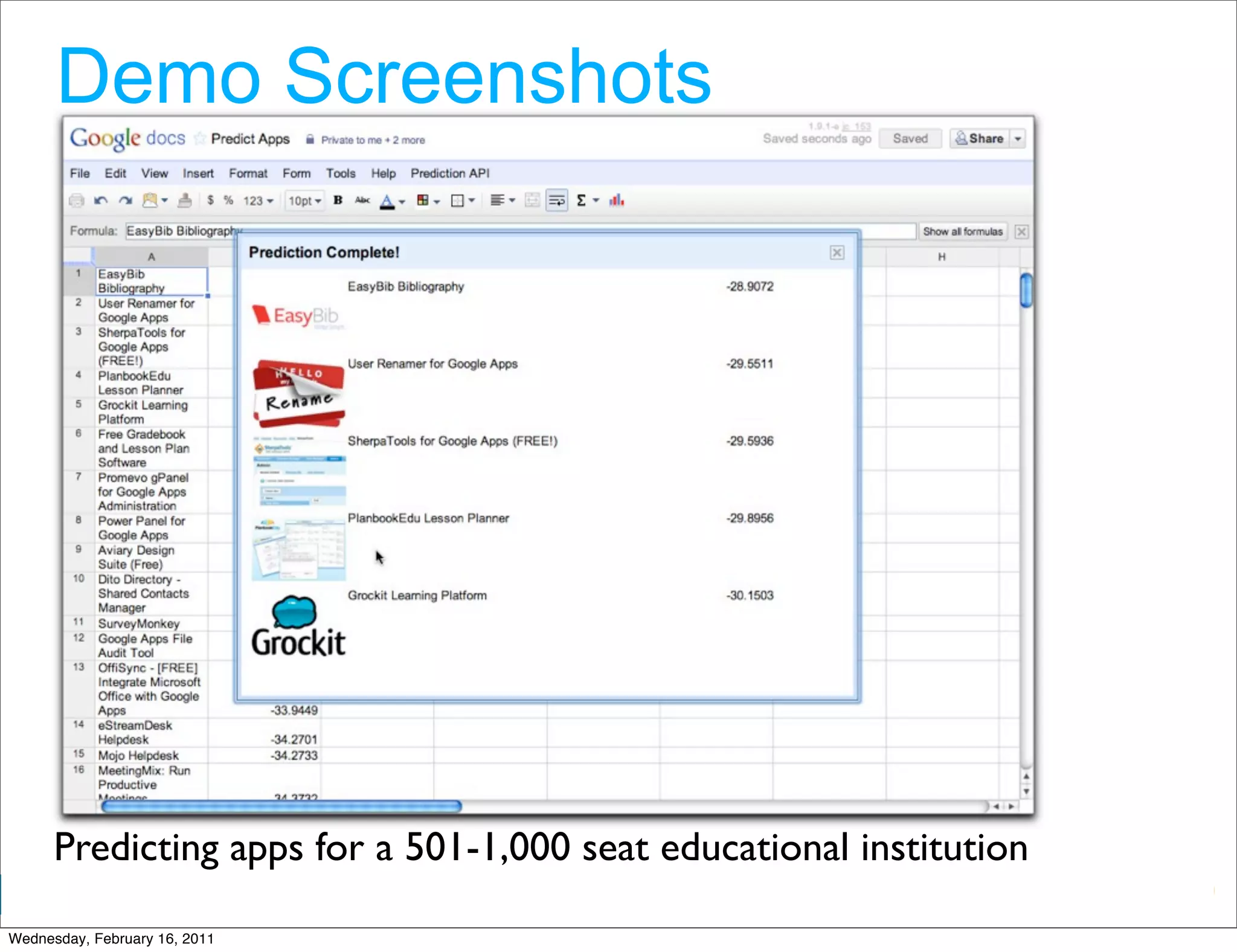 Demo Screenshots




      Predicting apps for a 501-1,000 seat educational institution
                                                         Google Developer Day 2010
Wednesday, February 16, 2011
 