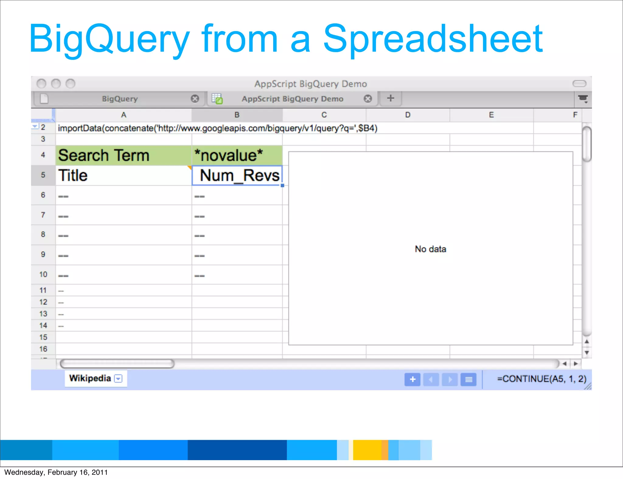 BigQuery from a Spreadsheet




                               Google Developer Day 2010
Wednesday, February 16, 2011
 