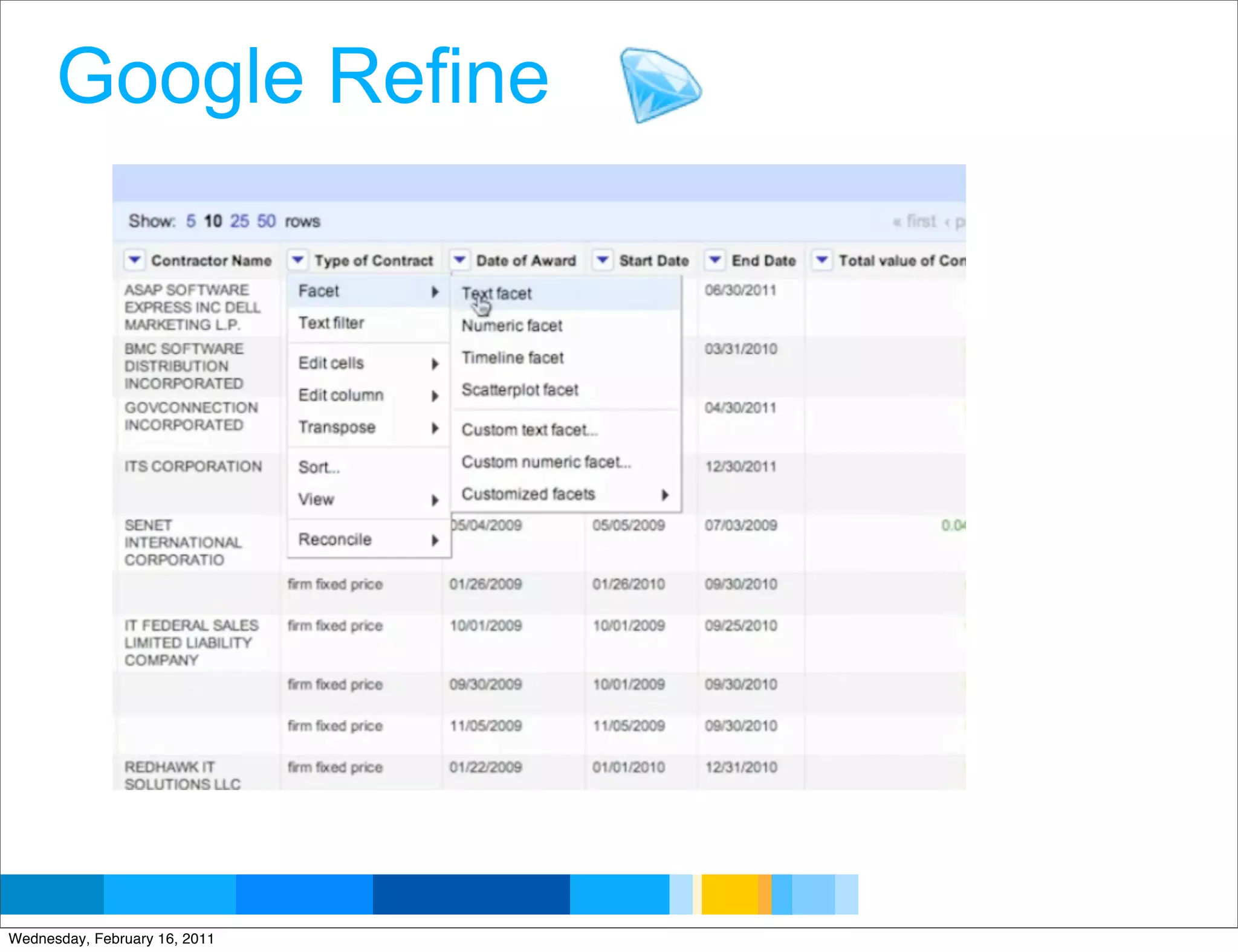 Google Refine




                               Google Developer Day 2010
Wednesday, February 16, 2011
 