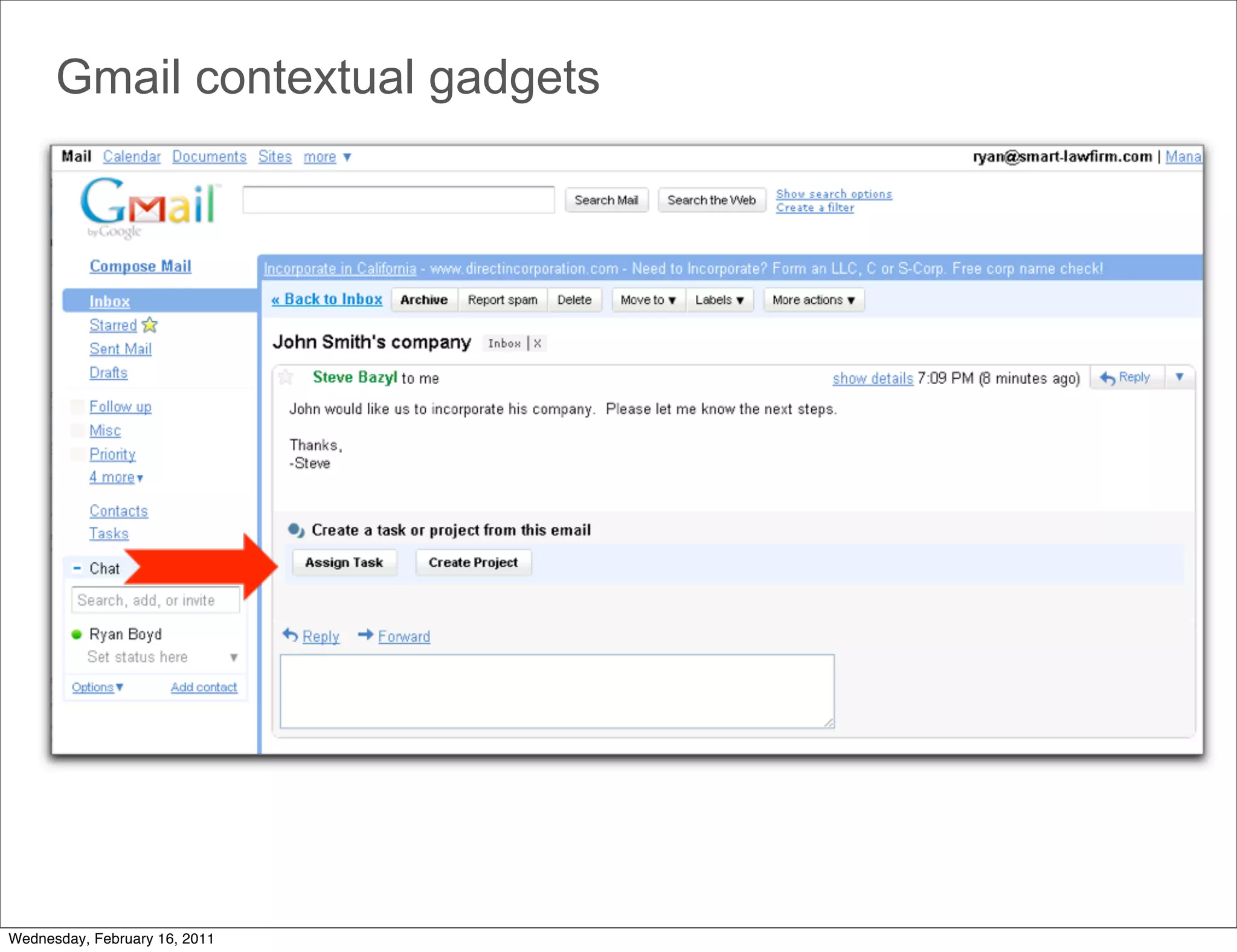 Gmail contextual gadgets




Wednesday, February 16, 2011
 