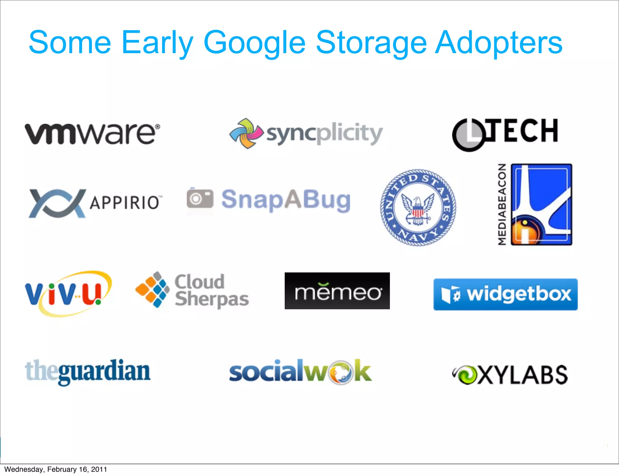 Some Early Google Storage Adopters




                                Google Developer Day 2010
Wednesday, February 16, 2011
 