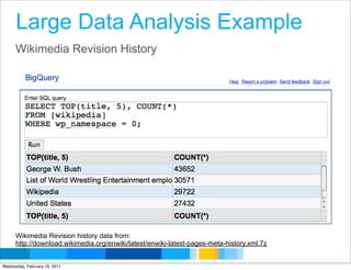 Large Data Analysis Example
      Wikimedia Revision History




      Wikimedia Revision history data from:
      http://download.wikimedia.org/enwiki/latest/enwiki-latest-pages-meta-history.xml.7z
                                                                                   Google Developer Day 2010
Wednesday, February 16, 2011
 
