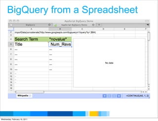 BigQuery from a Spreadsheet




                               Google Developer Day 2010
Wednesday, February 16, 2011
 