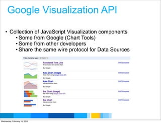 Google Visualization API

    • Collection of JavaScript Visualization components
        • Some from Google (Chart Tools)
        • Some from other developers
        • Share the same wire protocol for Data Sources




                                                 Google Developer Day 2010
Wednesday, February 16, 2011
 
