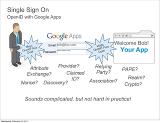 Single Sign On
      OpenID with Google Apps




                                     bob@foo.com             Welcome Bob!
                                     ***********




                        Sounds complicated, but not hard in practice!



Wednesday, February 16, 2011
 