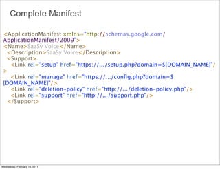 Complete Manifest

 <ApplicationManifest xmlns="http://schemas.google.com/
 ApplicationManifest/2009">
 <Name>SaaSy Voice</Name>
   <Description>SaaSy Voice</Description>
   <Support>
     <Link rel="setup" href="https://.../setup.php?domain=${DOMAIN_NAME}"/
 >
     <Link rel="manage" href="https://.../conﬁg.php?domain=$
 {DOMAIN_NAME}"/>
     <Link rel="deletion-policy" href="http://.../deletion-policy.php"/>
     <Link rel="support" href="http://.../support.php"/>
   </Support>




Wednesday, February 16, 2011
 