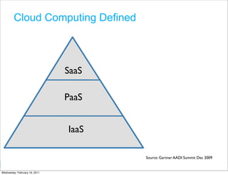 Cloud Computing Defined



                               SaaS

                               PaaS


                               IaaS

                                      Source: Gartner AADI Summit Dec 2009
                                               Google Developer Day 2010
Wednesday, February 16, 2011
 