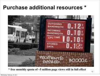 Purchase additional resources *




            * free monthly quota of ~5 million page views still in full effect
                                                                                 52

Wednesday, February 16, 2011
 