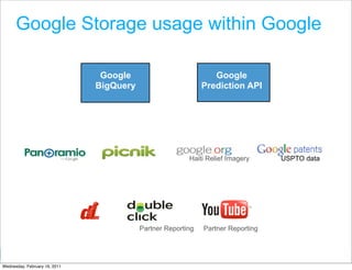 Google Storage usage within Google

                                Google                           Google
                               BigQuery                       Prediction API




                                                         Haiti Relief Imagery          USPTO data




                                          Partner Reporting   Partner Reporting


                                                                                Google Developer Day 2010
Wednesday, February 16, 2011
 