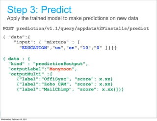 Step 3: Predict
      Apply the trained model to make predictions on new data
 POST prediction/v1.1/query/appdata%2Finstalls/predict
 { "data":{
     "input": { "mixture" : [
       "EDUCATION","us","en","10","0" ]}}}

 { data : {
   "kind" : "prediction#output",
   "outputLabel":"Manymoon",
   "outputMulti" :[
      {"label":"OffiSync", "score": x.xx}
      {"label":"Zoho CRM", "score": x.xx}
      {"label":"MailChimp", "score": x.xx}]}}




                                                  Google Developer Day 2010
Wednesday, February 16, 2011
 