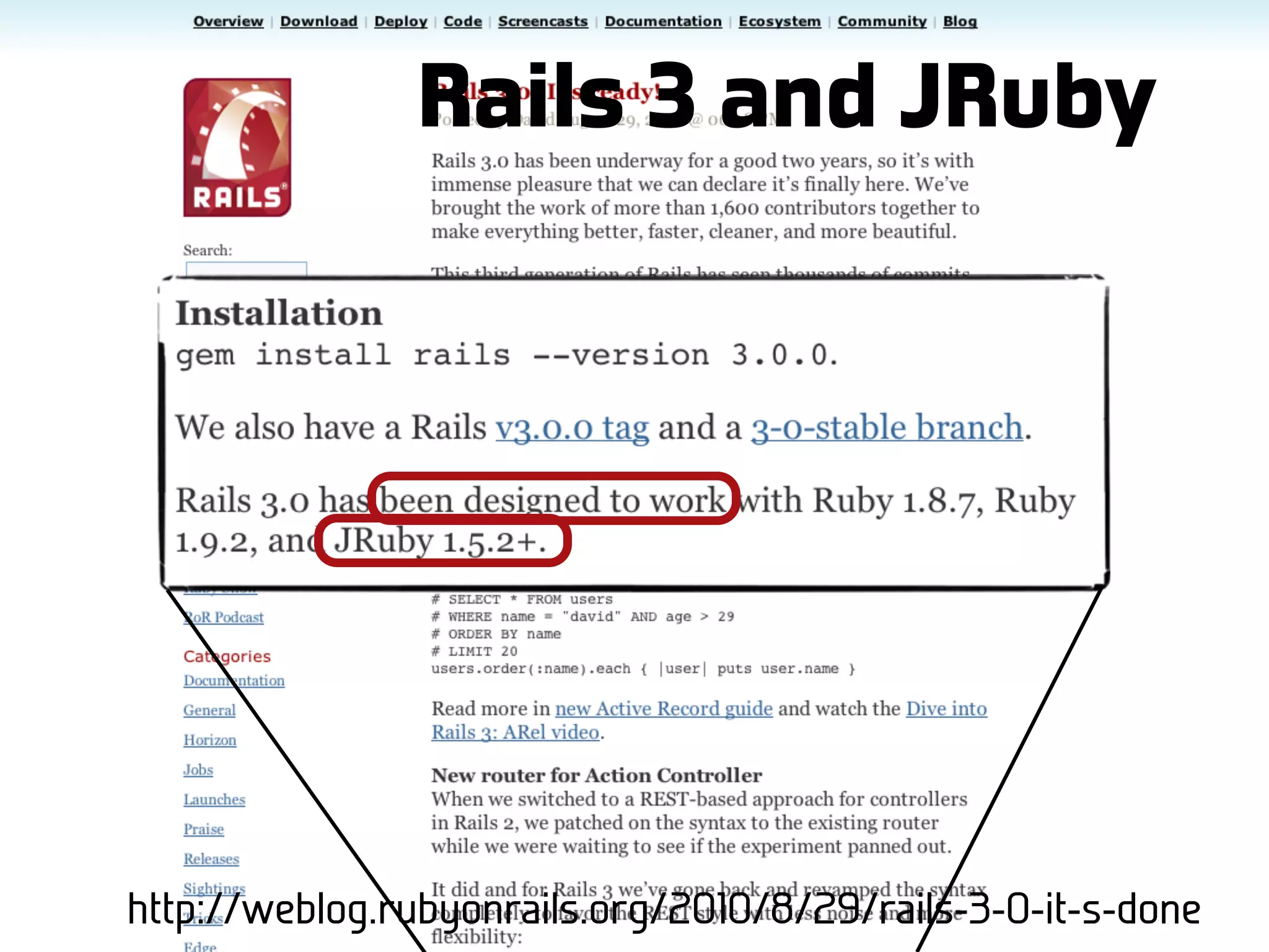 Rails 3 and JRuby http://weblog.rubyonrails.org/2010/8/29/rails-3-0-it-s-done 