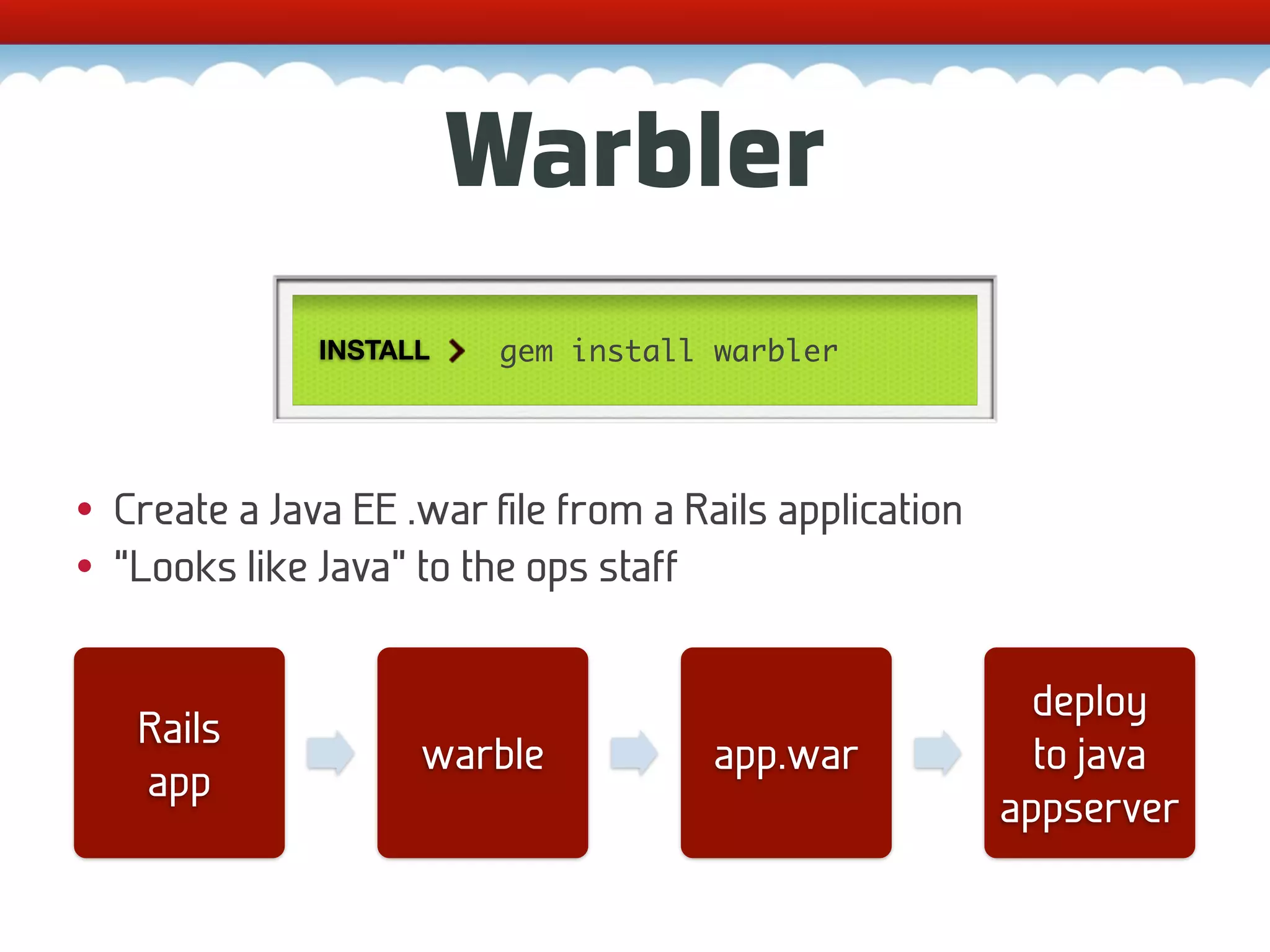 Warbler INSTALL gem install warbler • Create a Java EE .war ﬁle from a Rails application • “Looks like Java” to the ops staff deploy Rails warble app.war to java app appserver 