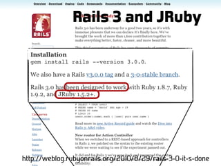 Rails 3 and JRuby




http://weblog.rubyonrails.org/2010/8/29/rails-3-0-it-s-done
 