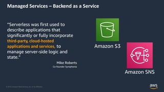 © 2019, Amazon Web Services, Inc. or its Affiliates.
Managed Services – Backend as a Service
”Serverless was first used to
describe applications that
significantly or fully incorporate
third-party, cloud-hosted
applications and services, to
manage server-side logic and
state.”
Mike Roberts
Co-founder Symphonia
Amazon S3
Amazon SNS
 