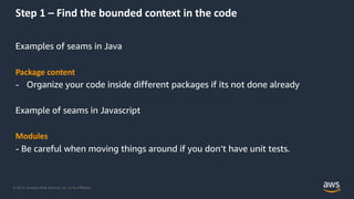 © 2019, Amazon Web Services, Inc. or its Affiliates.
Step 1 – Find the bounded context in the code
Examples of seams in Java
Package content
- Organize your code inside different packages if its not done already
Example of seams in Javascript
Modules
- Be careful when moving things around if you don’t have unit tests.
 