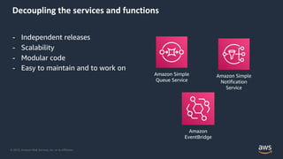 © 2019, Amazon Web Services, Inc. or its Affiliates.
Decoupling the services and functions
- Independent releases
- Scalability
- Modular code
- Easy to maintain and to work on
Amazon Simple
Notification
Service
Amazon Simple
Queue Service
Amazon
EventBridge
 