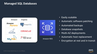 © 2019, Amazon Web Services, Inc. or its Affiliates.
Managed SQL Databases
Amazon RDS
Amazon RDS Engines
• Easily scalable
• Automatic software patching
• Automated backups
• Database snapshots
• Multi-AZ deployments
• Automatic host replacement
• Encryption at rest and in transit
 