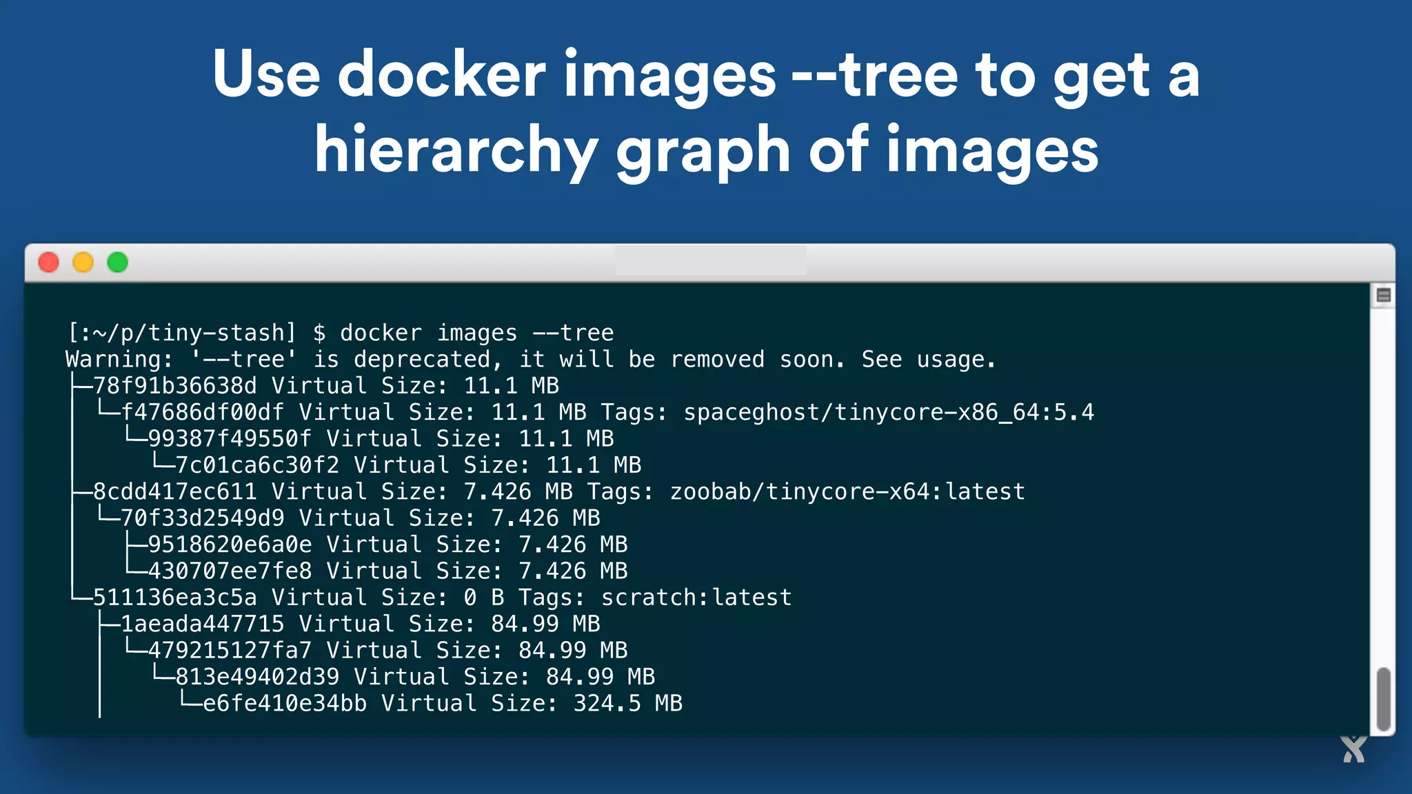 Use docker images --tree to get a
hierarchy graph of images
[:~/p/tiny-stash] $ docker images --tree
Warning: '--tree' is deprecated, it will be removed soon. See usage.
├─78f91b36638d Virtual Size: 11.1 MB
│ └─f47686df00df Virtual Size: 11.1 MB Tags: spaceghost/tinycore-x86_64:5.4
│ └─99387f49550f Virtual Size: 11.1 MB
│ └─7c01ca6c30f2 Virtual Size: 11.1 MB
├─8cdd417ec611 Virtual Size: 7.426 MB Tags: zoobab/tinycore-x64:latest
│ └─70f33d2549d9 Virtual Size: 7.426 MB
│ ├─9518620e6a0e Virtual Size: 7.426 MB
│ └─430707ee7fe8 Virtual Size: 7.426 MB
└─511136ea3c5a Virtual Size: 0 B Tags: scratch:latest
├─1aeada447715 Virtual Size: 84.99 MB
│ └─479215127fa7 Virtual Size: 84.99 MB
│ └─813e49402d39 Virtual Size: 84.99 MB
│ └─e6fe410e34bb Virtual Size: 324.5 MB
 