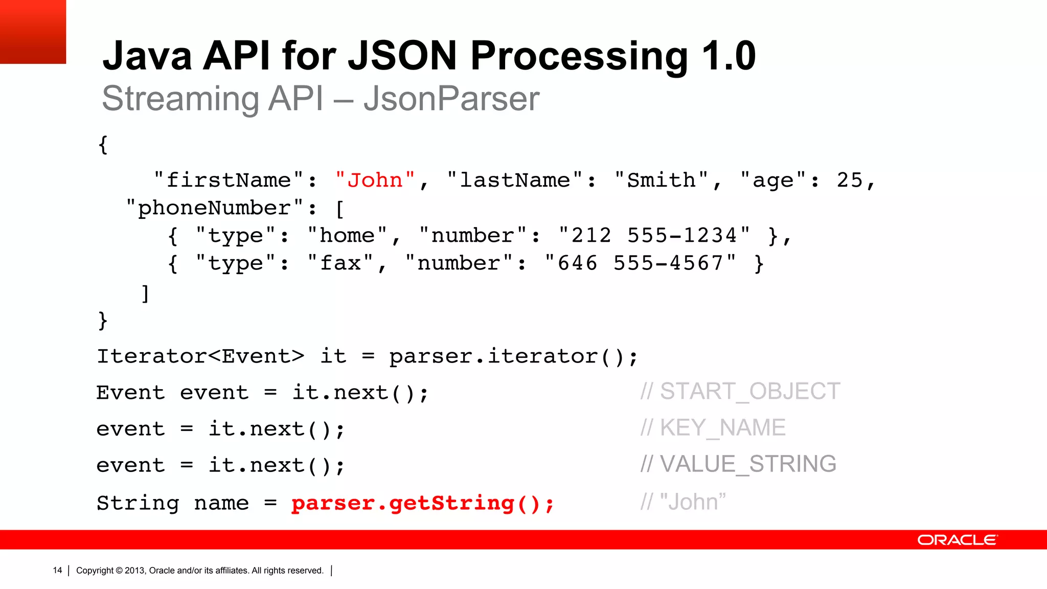 Java API for JSON Processing 1.0 Streaming API – JsonParser {" "firstName": "John", "lastName": "Smith", "age": 25,   "phoneNumber": [  { "type": "home", "number": "212 555-1234" },  { "type": "fax", "number": "646 555-4567" }  ]  }" Iterator<Event> it = parser.iterator();" Event event = it.next(); // START_OBJECT event = it.next(); // KEY_NAME event = it.next(); // VALUE_STRING String name = parser.getString(); // "John” " 14 Copyright © 2013, Oracle and/or its affiliates. All rights reserved. 