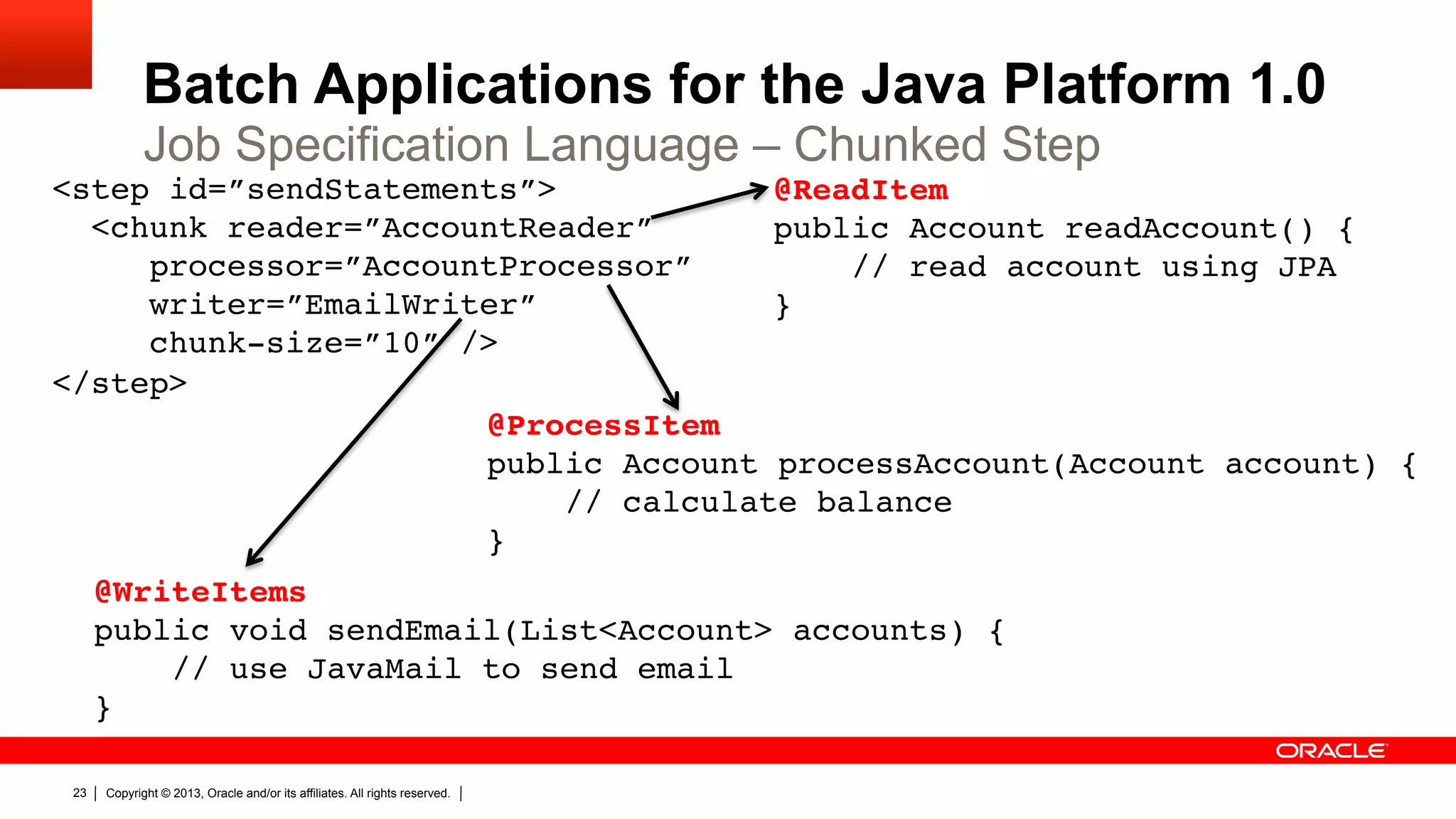 Batch Applications for the Java Platform 1.0 Job Specification Language – Chunked Step <step id=”sendStatements”>" @ReadItem  <chunk reader=”AccountReader”" public Account readAccount() {  processor=”AccountProcessor”  // read account using JPA" writer=”EmailWriter”" }" chunk-size=”10” />" " </step>" @ProcessItem" public Account processAccount(Account account) {  // calculate balance" }" @WriteItems" " public void sendEmail(List<Account> accounts) {  // use JavaMail to send email" }" " 23 Copyright © 2013, Oracle and/or its affiliates. All rights reserved. 