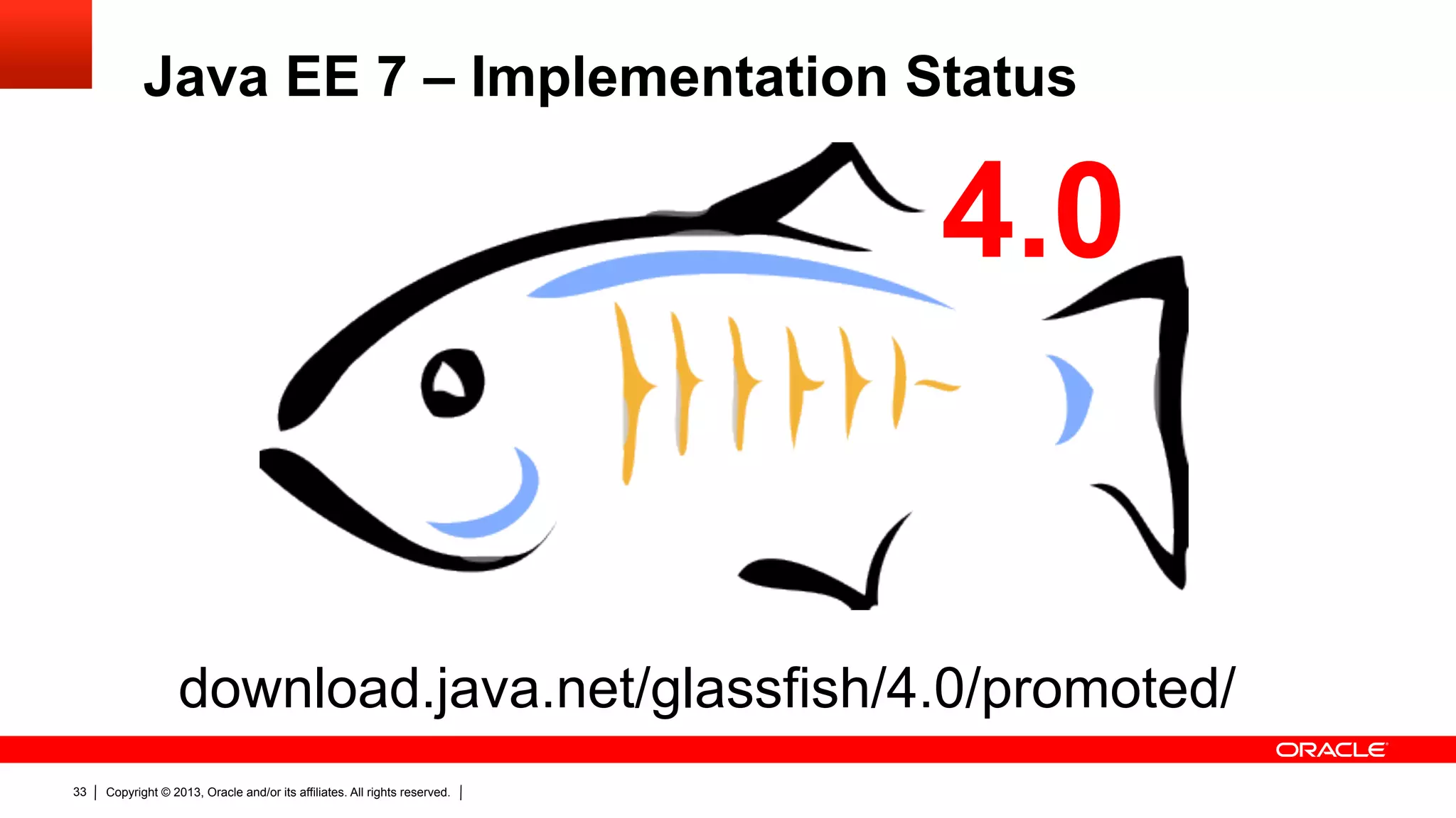 Java EE 7 – Implementation Status 4.0 download.java.net/glassfish/4.0/promoted/ 33 Copyright © 2013, Oracle and/or its affiliates. All rights reserved. 
